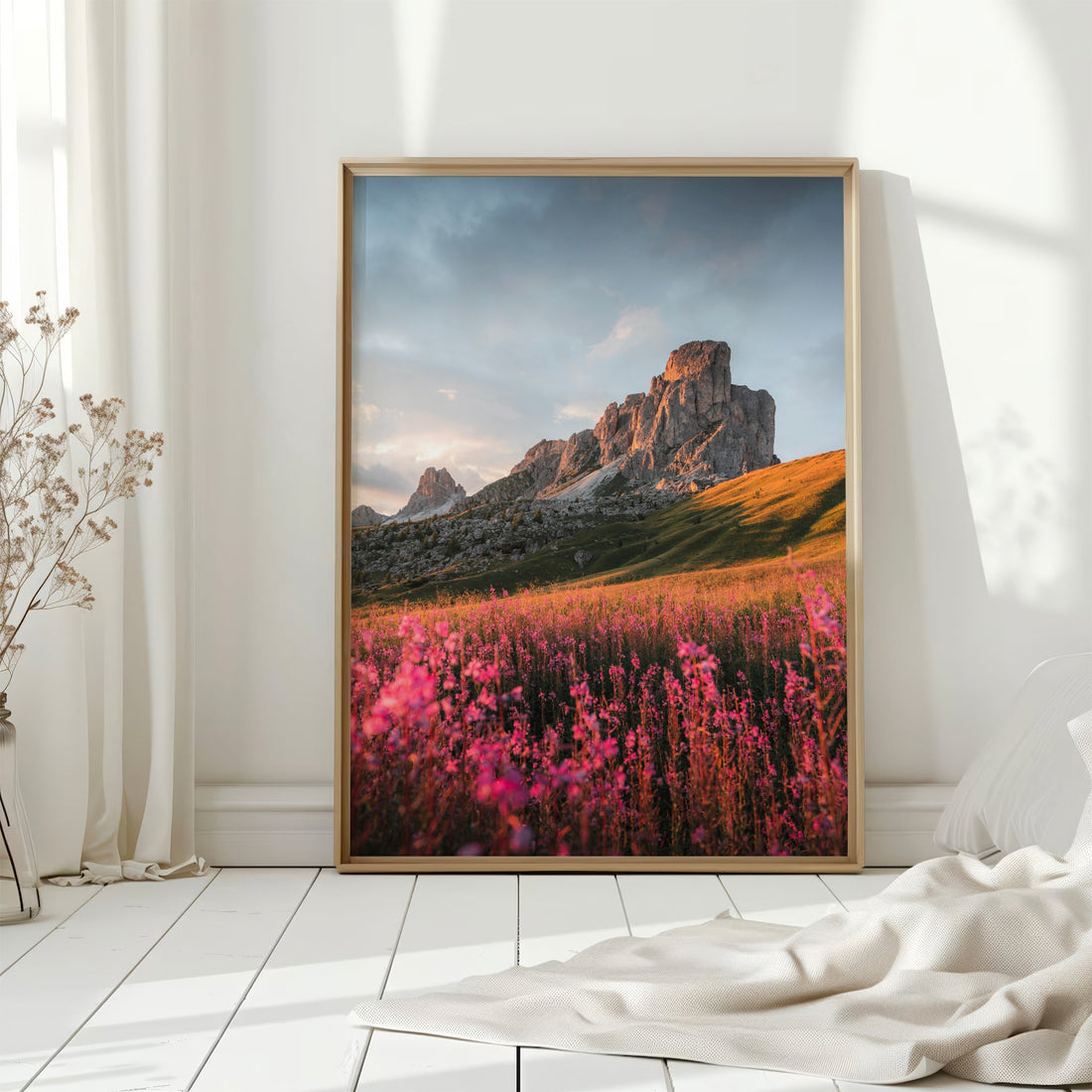 Stunning Dolomites mountain photography print of a colorful wildflower field at Passo Giau.