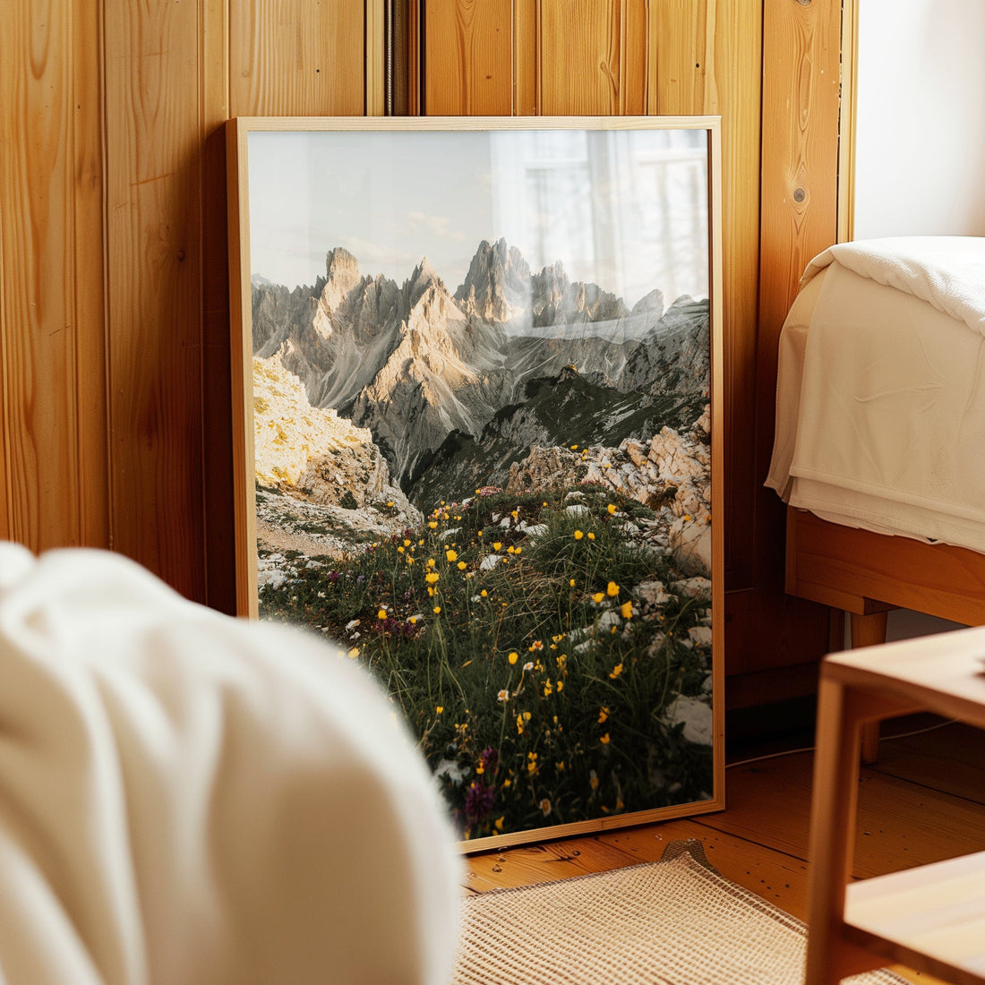Dolomites art print featuring a lush wildflower meadow with a stunning view of Cadini di Misurina.