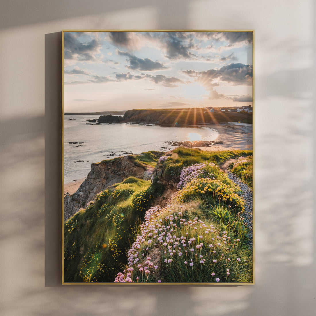 Aerial print of Annestown Beach with wildflowers in bloom and golden sunrise over the Irish coast.