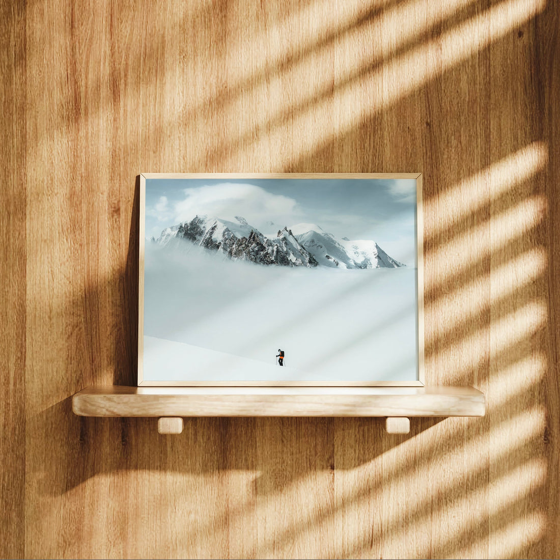 Winter adventure Mont Blanc landscape print featuring a lone ski tourer ascending in a surreal icy atmosphere.