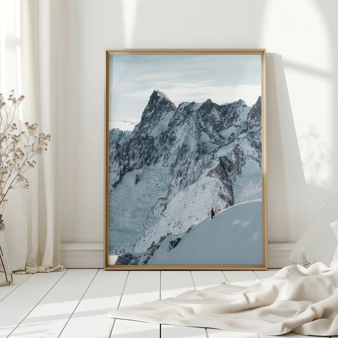 Dramatic winter alpine wall decor featuring an extreme skier tackling the Midi Arete.
