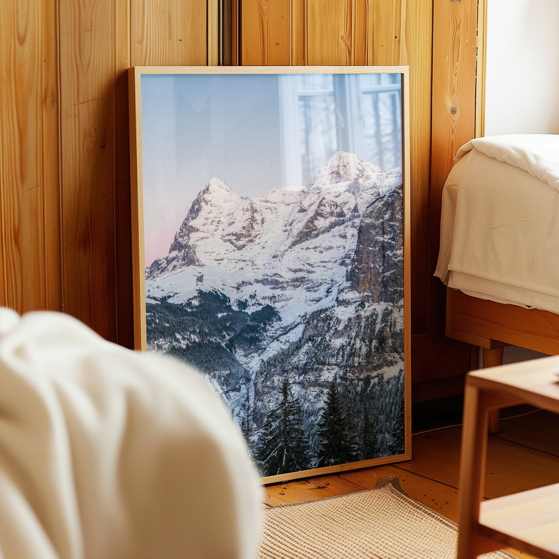 Captivating winter landscape print of the Eiger and Mönch mountains, bringing the beauty of the Alps into your home.