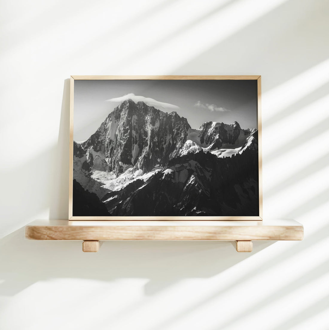 Winter glacier photography print of the French Alps, featuring the stunning Grandes Jorasses in monochrome.