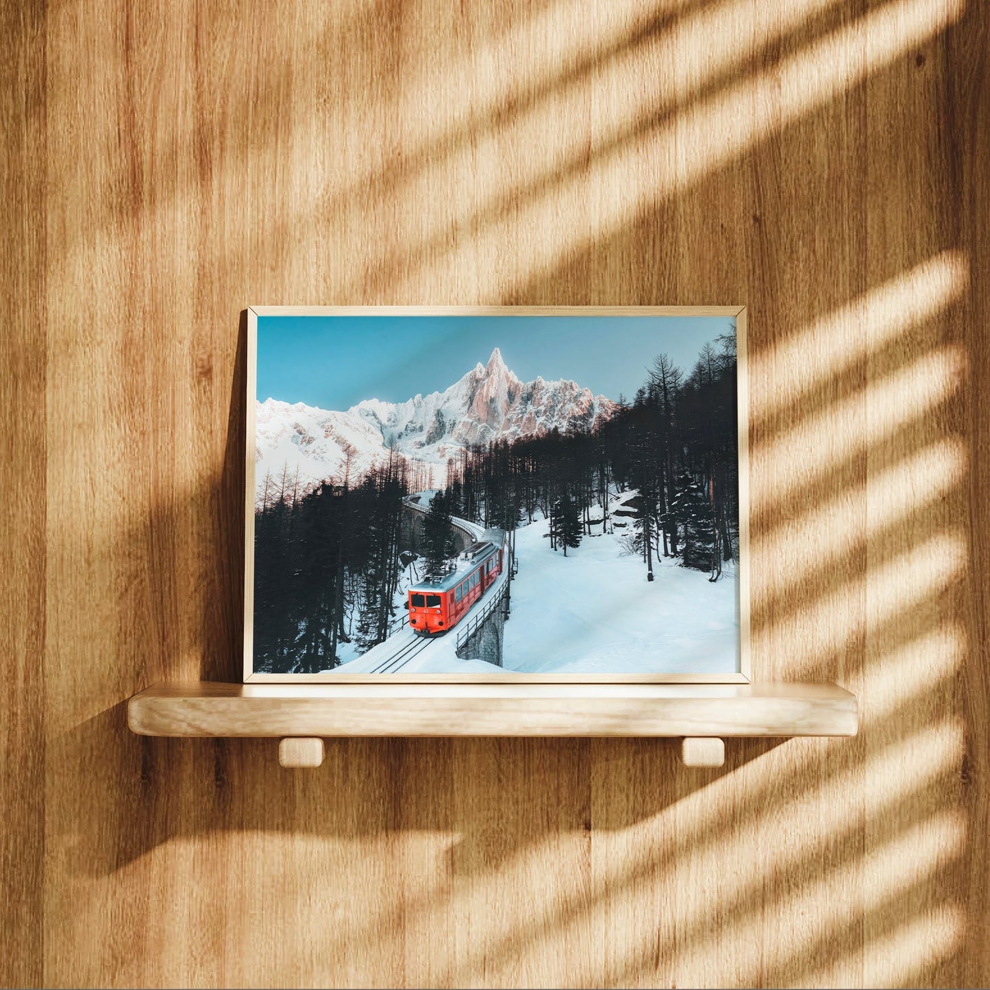 Breathtaking winter Alps train landscape photo capturing a serene snow-covered railway journey.