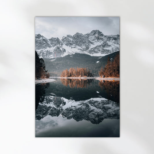 Winter wall art of Eibsee with calm lake and snow-covered Bavarian Alps