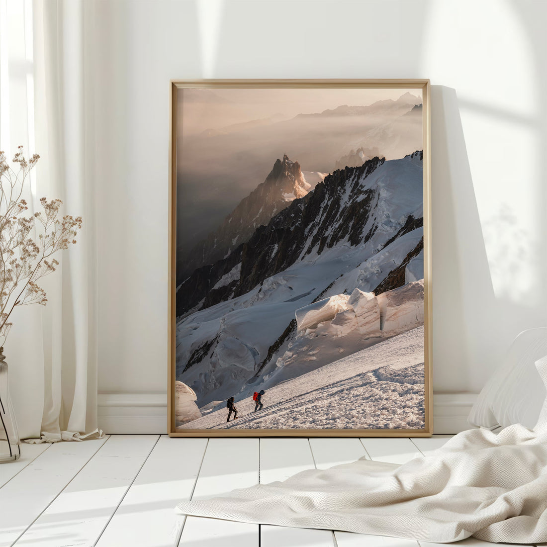 High-altitude winter expedition print featuring mountaineers scaling the Mont Blanc glaciers.
