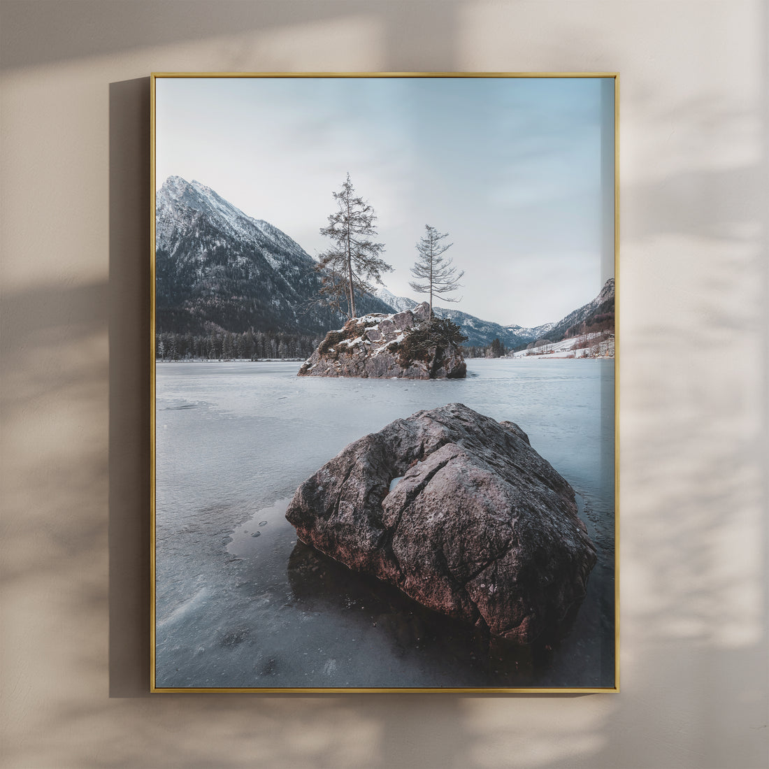 Framed fine art print of Hintersee lake in winter with snow-capped mountains and alpine trees