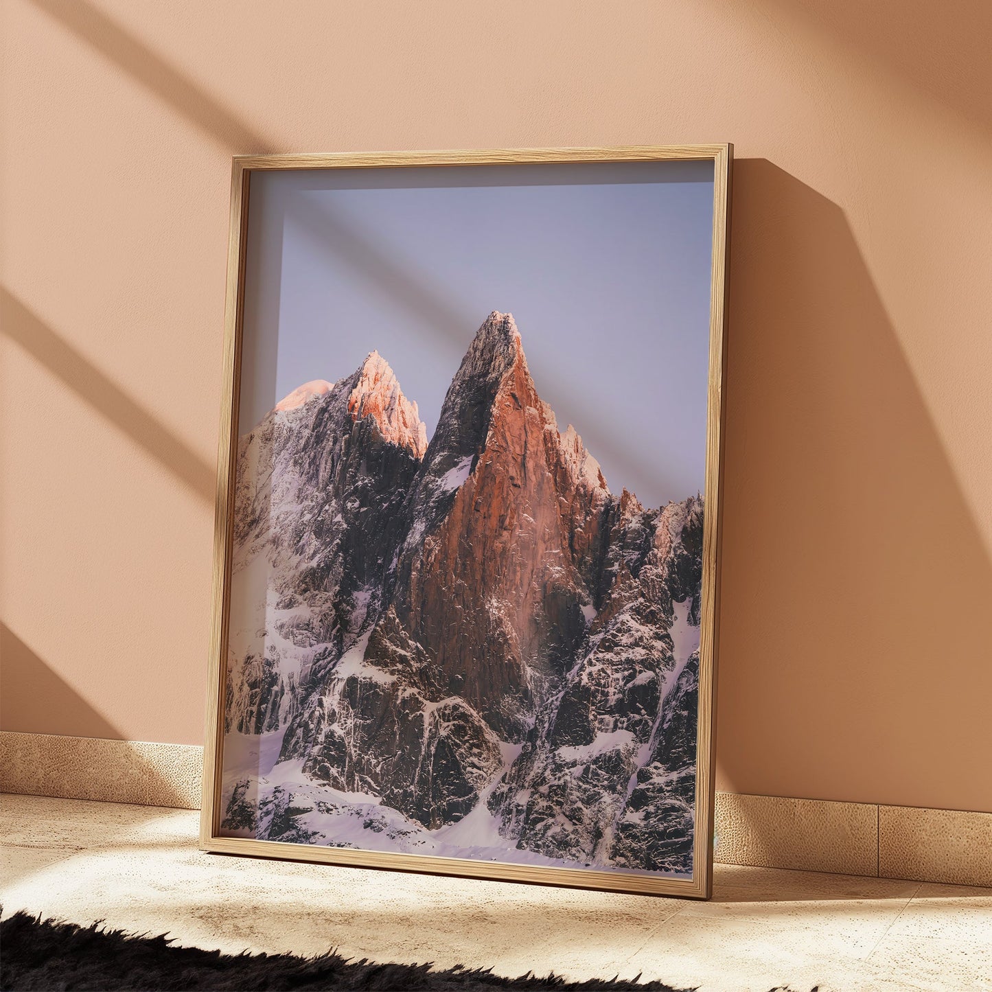 Snow-covered Les Drus in Chamonix captured in a striking winter mountain photography print.
