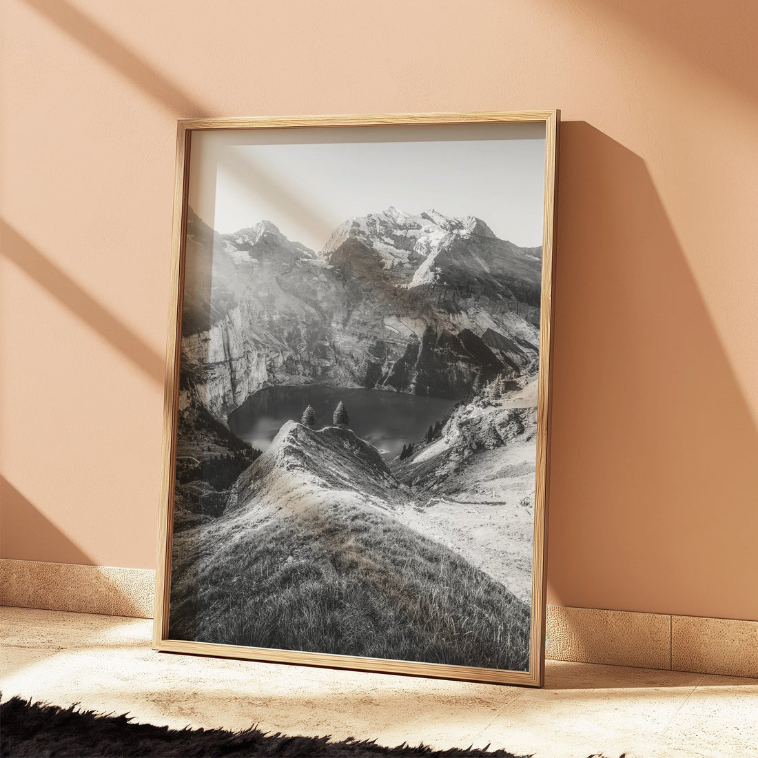 A mesmerizing winter photography print of Oeschinensee, showcasing its frozen lake and snow-covered mountain peaks.