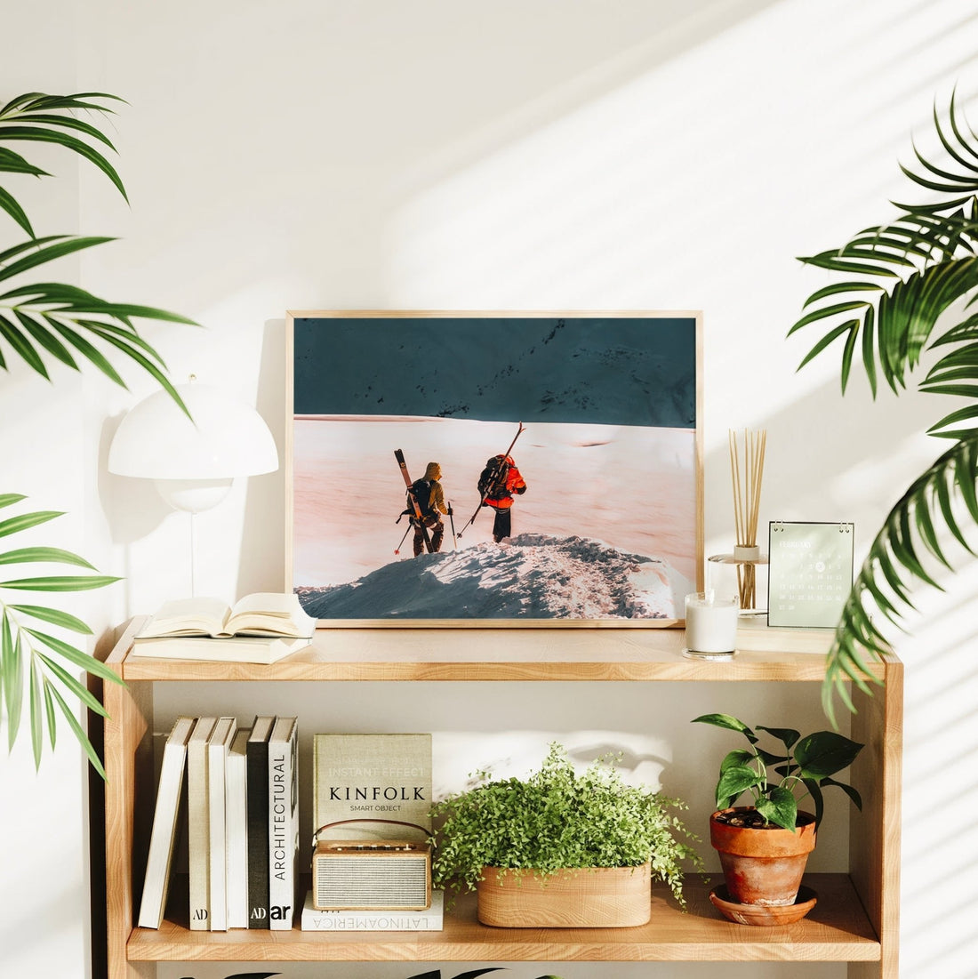 Winter alpine artwork with ski mountaineers trekking along a snowy ridge in the Mont Blanc Massif.