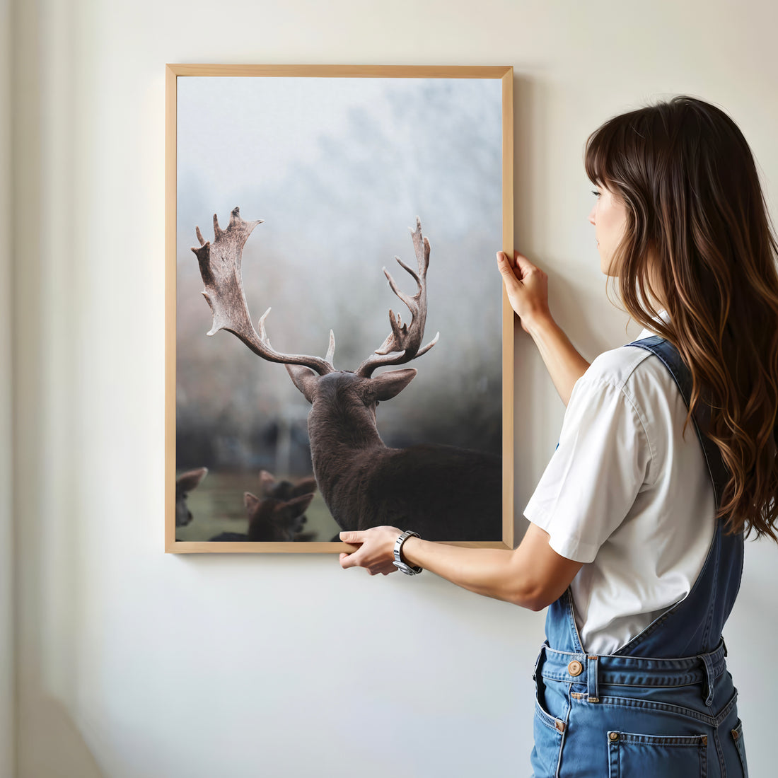 Woman hanging a deer antler print on a white wall in a modern home