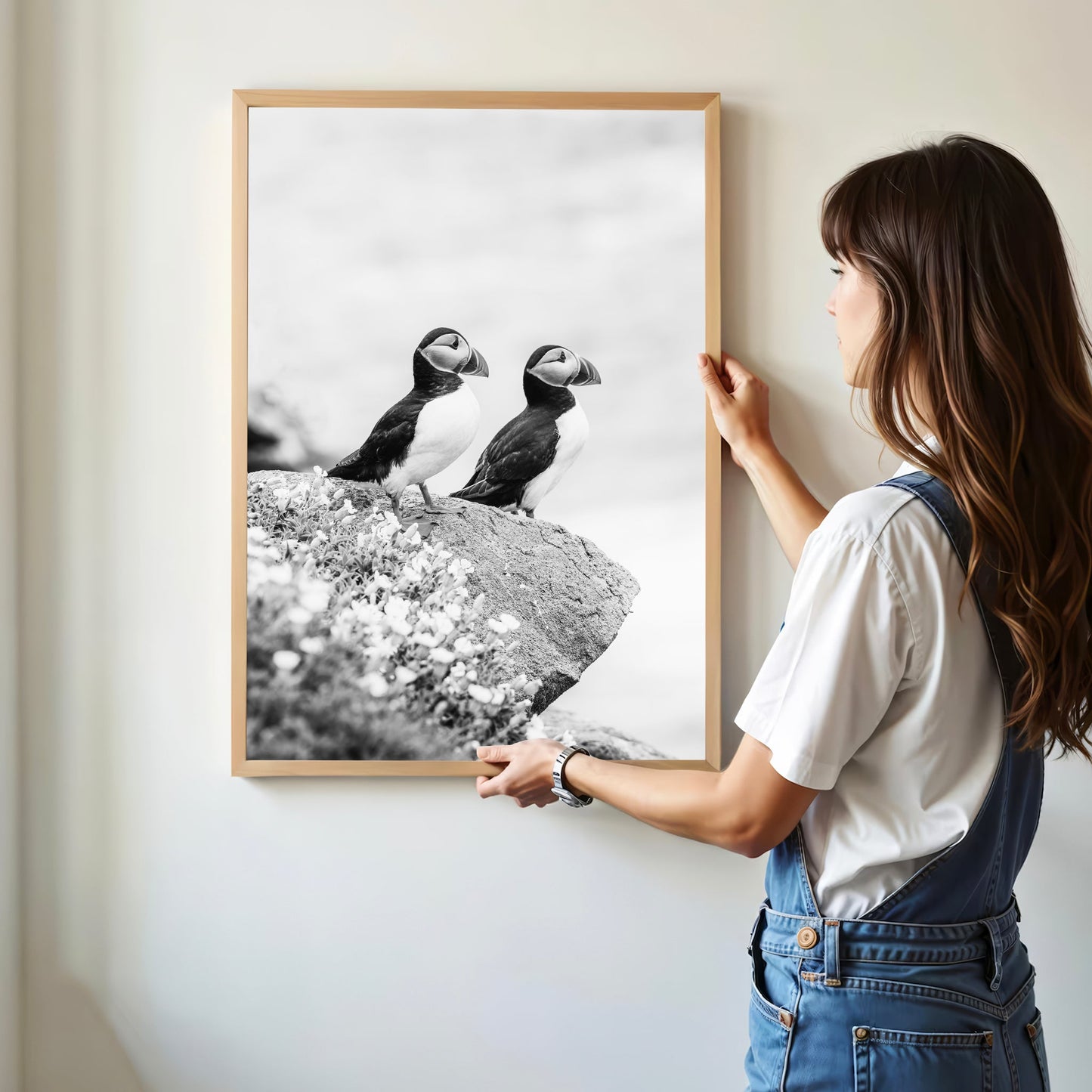 Woman hanging a black and white puffin wall art print.