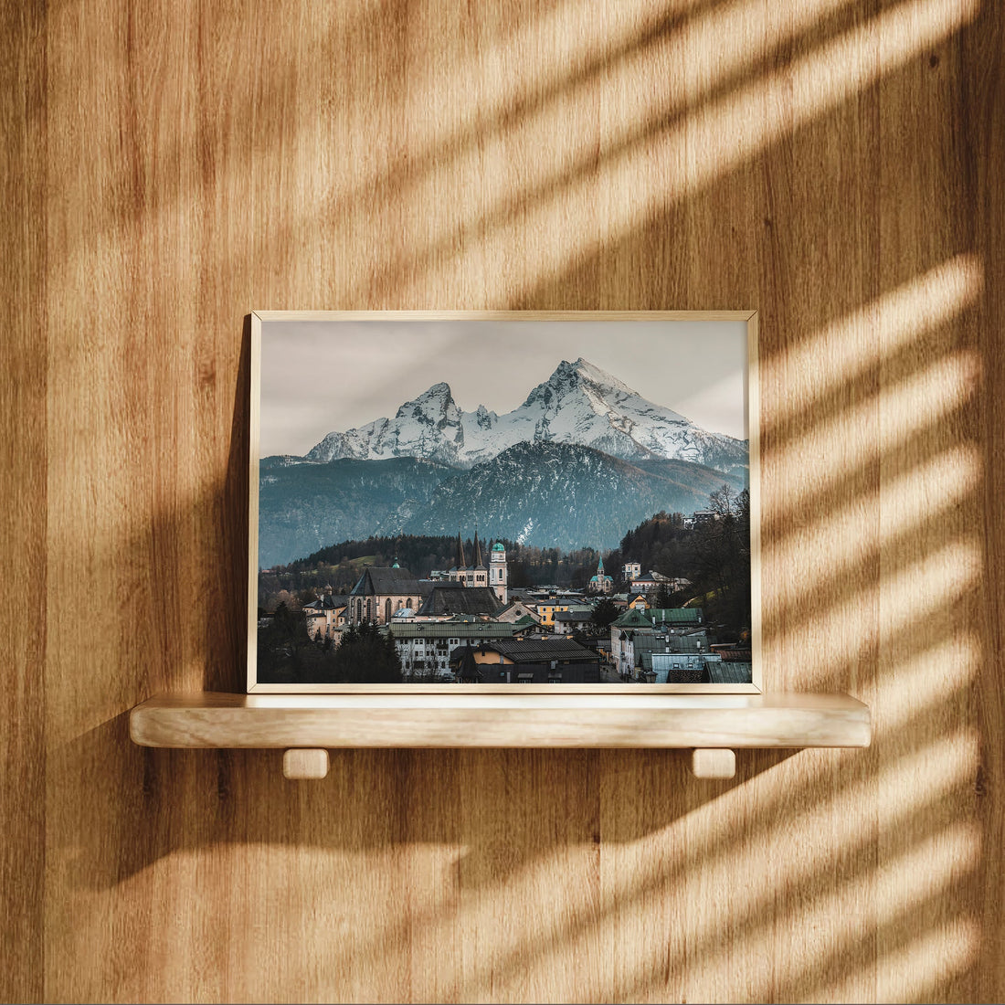 Berchtesgaden photo print displayed on wood wall shelf with shadows
