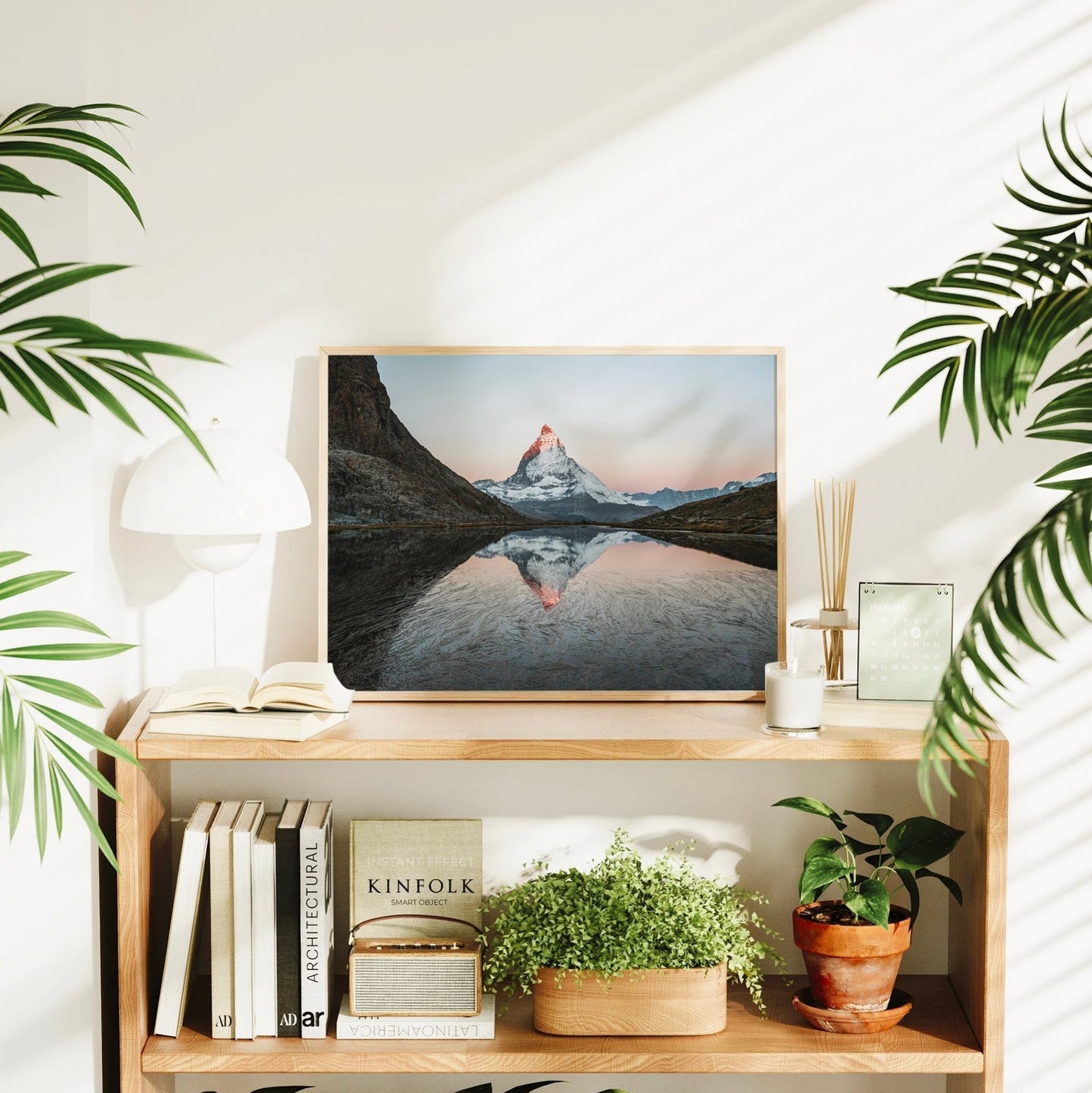 Zermatt landscape wall art featuring the Matterhorn peak reflected in calm alpine waters.