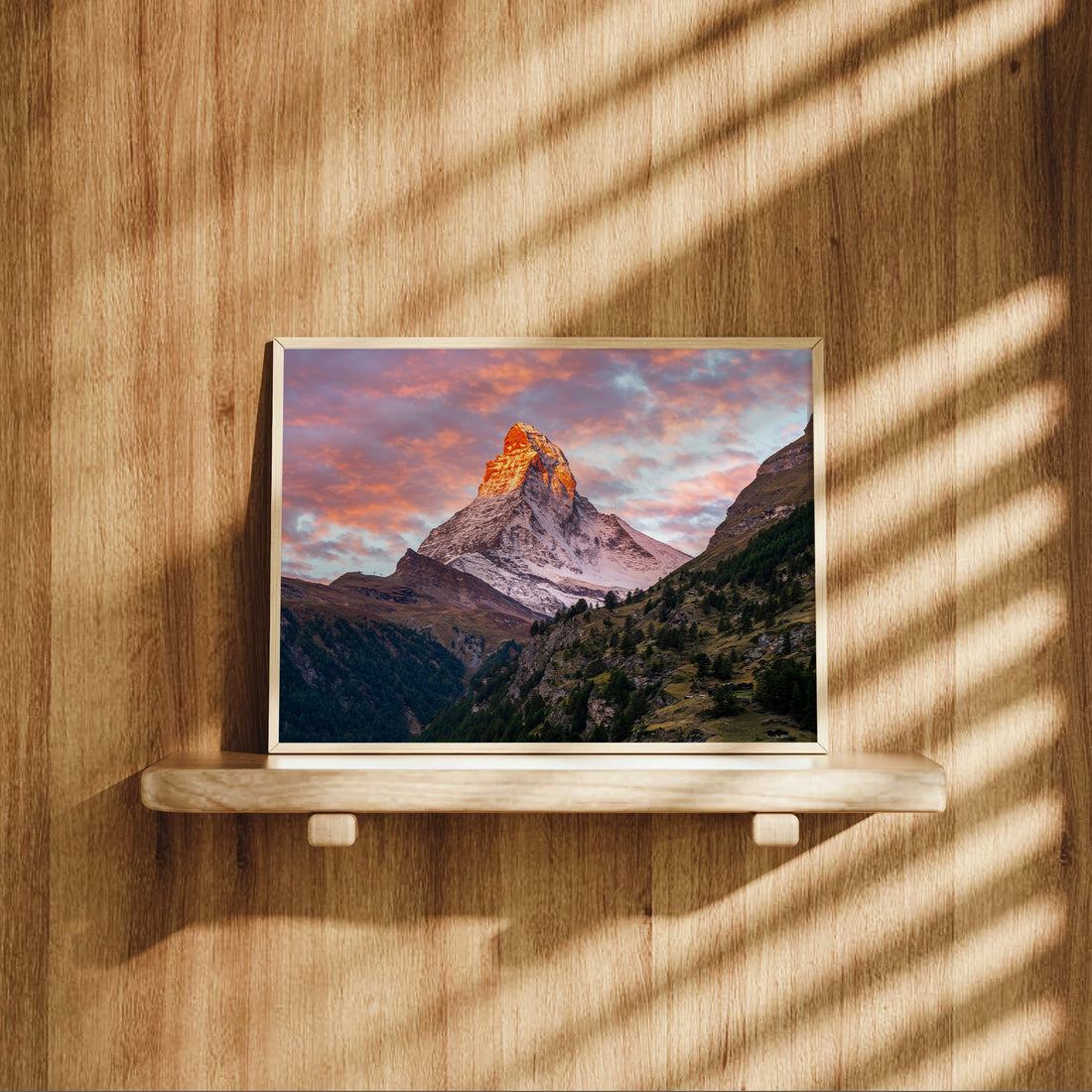 Zermatt Matterhorn photo print capturing vivid sunset colors and alpine majesty.