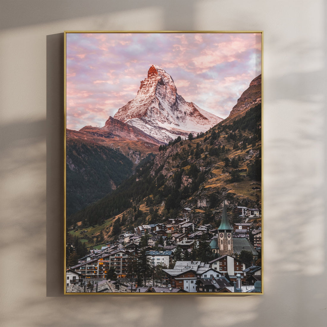 Stunning Zermatt Matterhorn wall art print featuring a pastel sunset over the Swiss Alps.