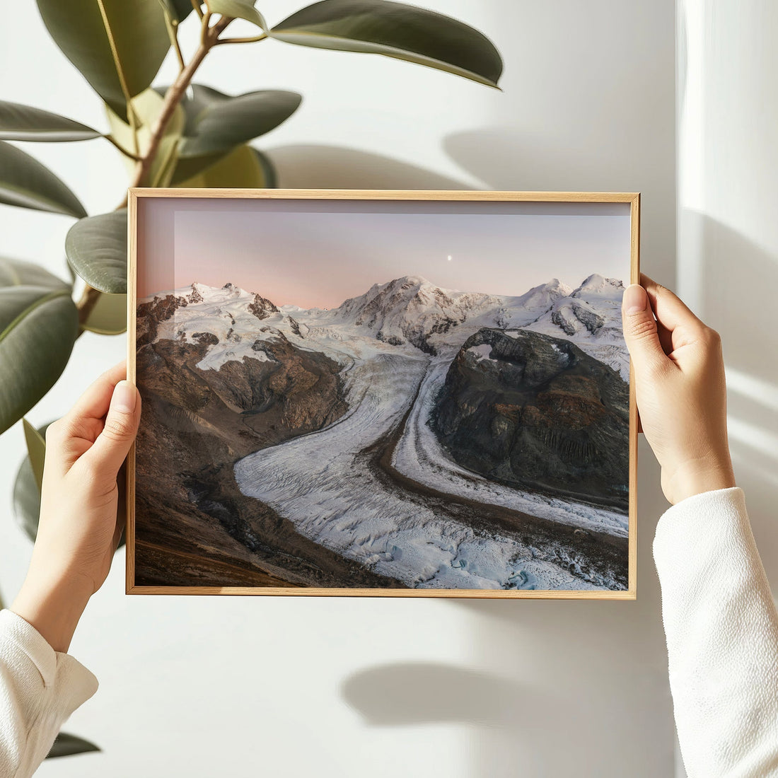 Zermatt glacier landscape print showing winding ice flow with Monte Rosa in the distance at golden hour.