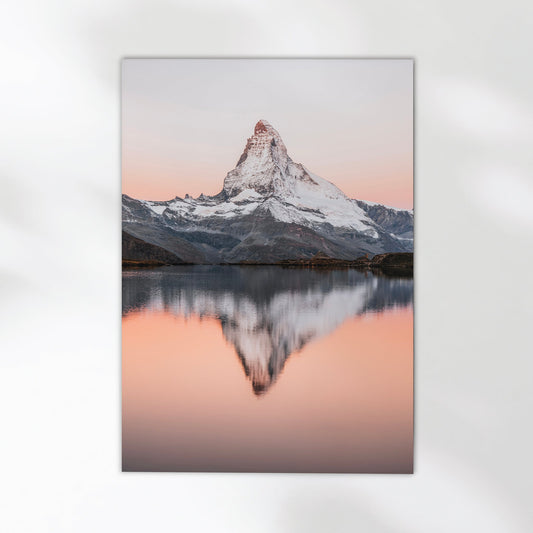 Scenic Zermatt wall art featuring the stunning Matterhorn mirrored in the still waters of Stellisee.