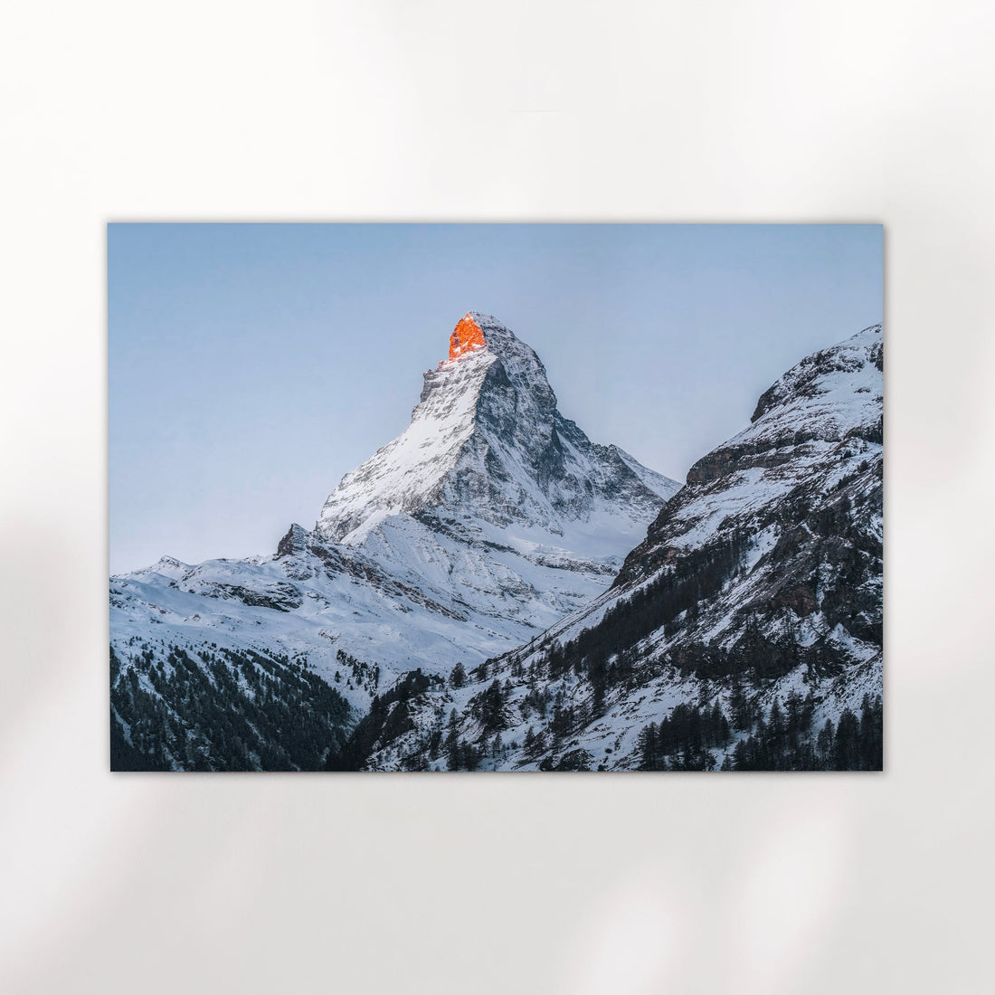 Modern Zermatt photography print showcasing the majestic snow-covered Matterhorn at dawn.