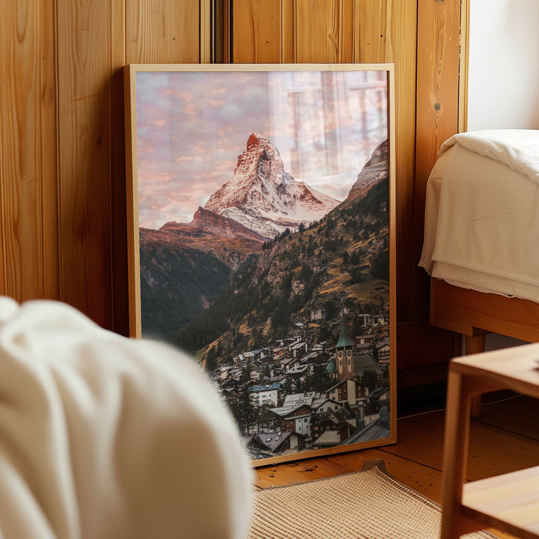 Scenic Zermatt mountain photography print highlighting the iconic Matterhorn peak at dusk.