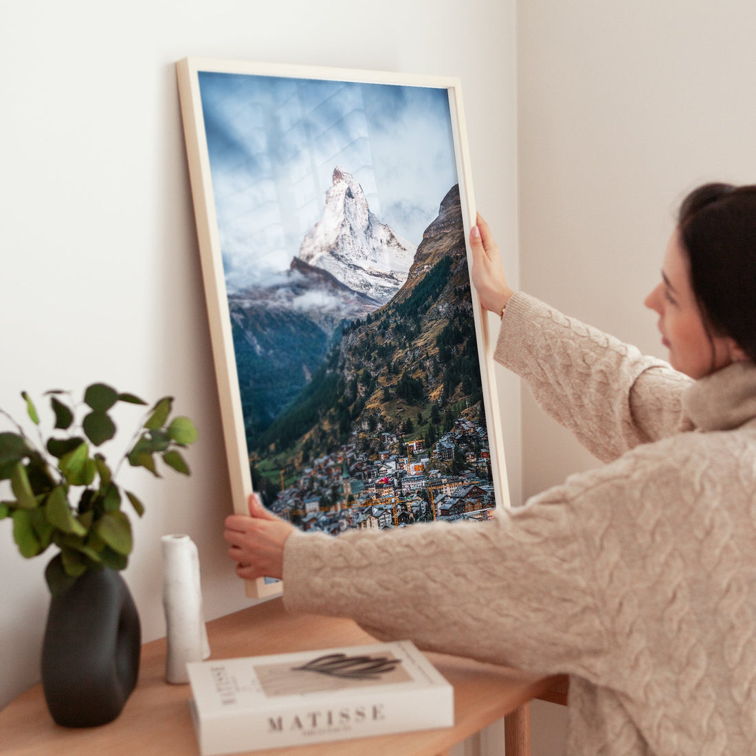 Swiss mountain photography wall art of the Matterhorn displayed at home.