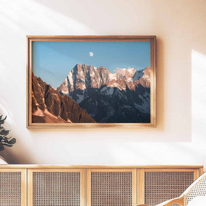 Grandes Jorasses wall art print with moon in sky, wooden frame, under natural light