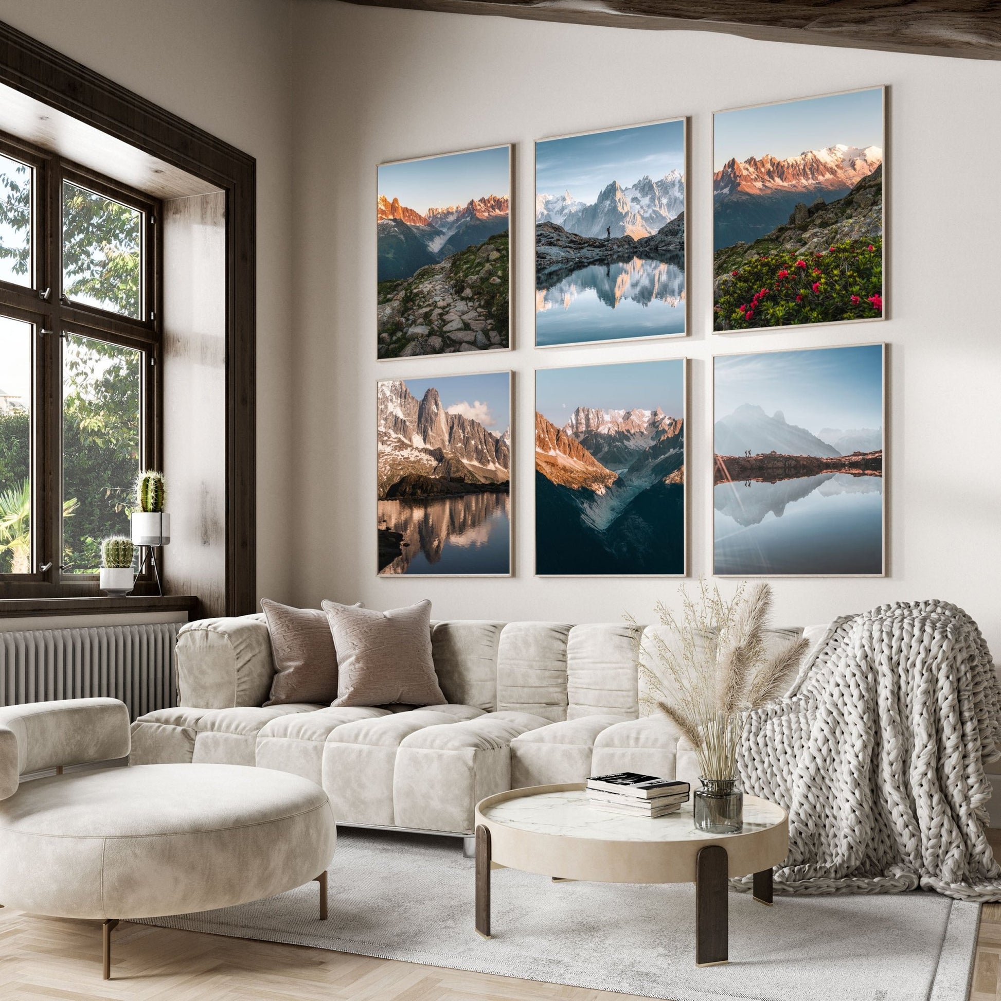 Gallery wall with six sunset alpine prints creating a cozy atmosphere.