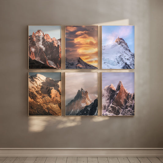 Gallery wall featuring six French Alps prints, including Aiguille du Midi, Mont Blanc, and Les Drus.