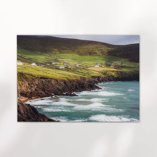 Aerial print of Coumeenoole Beach with emerald cliffs and turquoise water