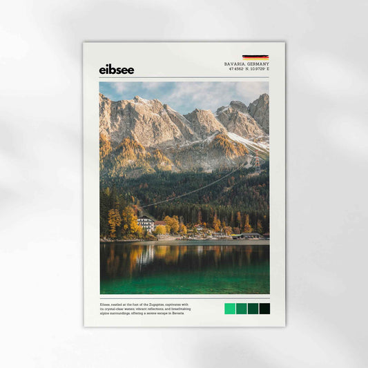 Unframed Eibsee autumn Zugspitze Bavaria Germany fine art print on white background showing emerald green lake with golden autumn trees and rocky mountain peaks