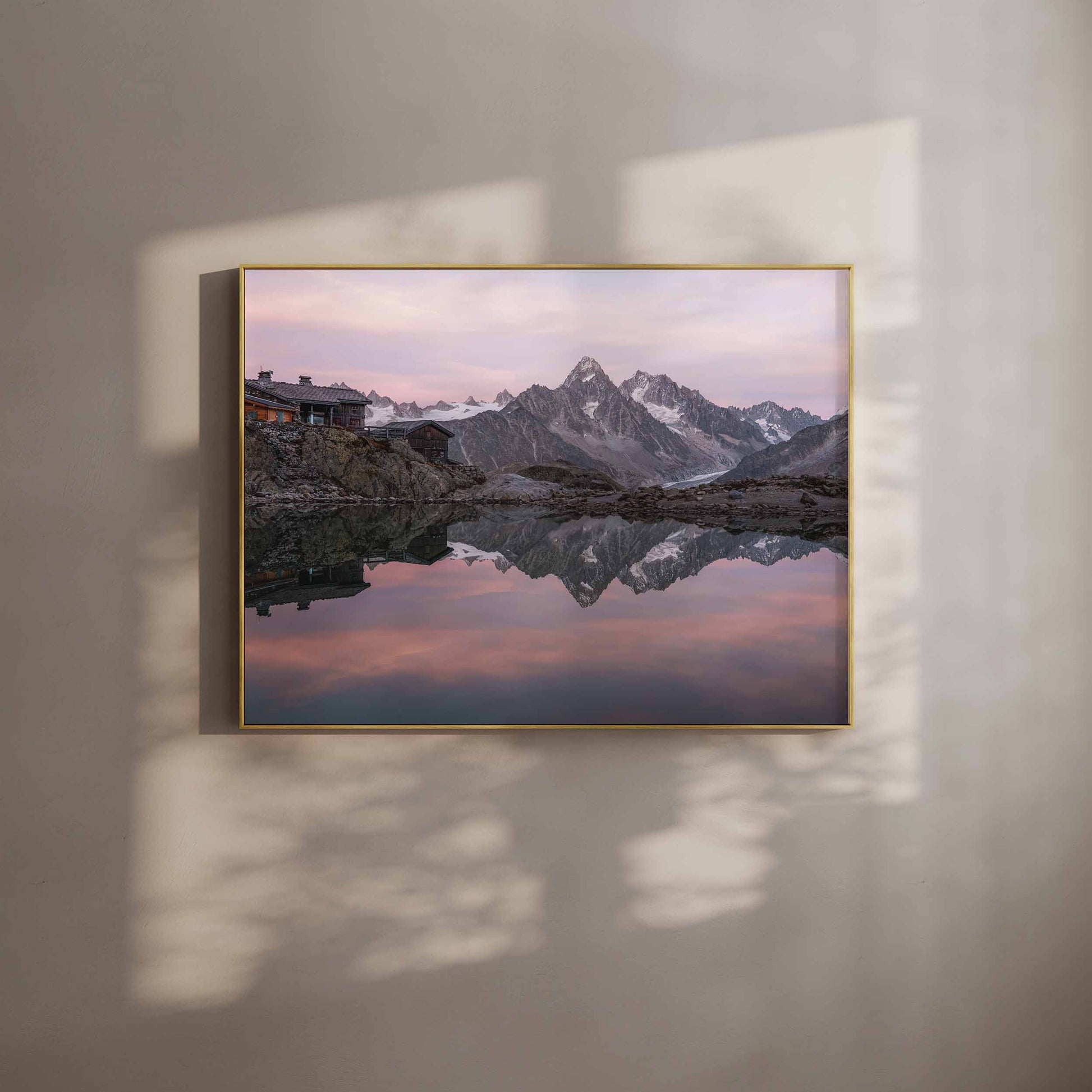 Wall art of Refuge du Lac Blanc with mountain reflection in sunset colors