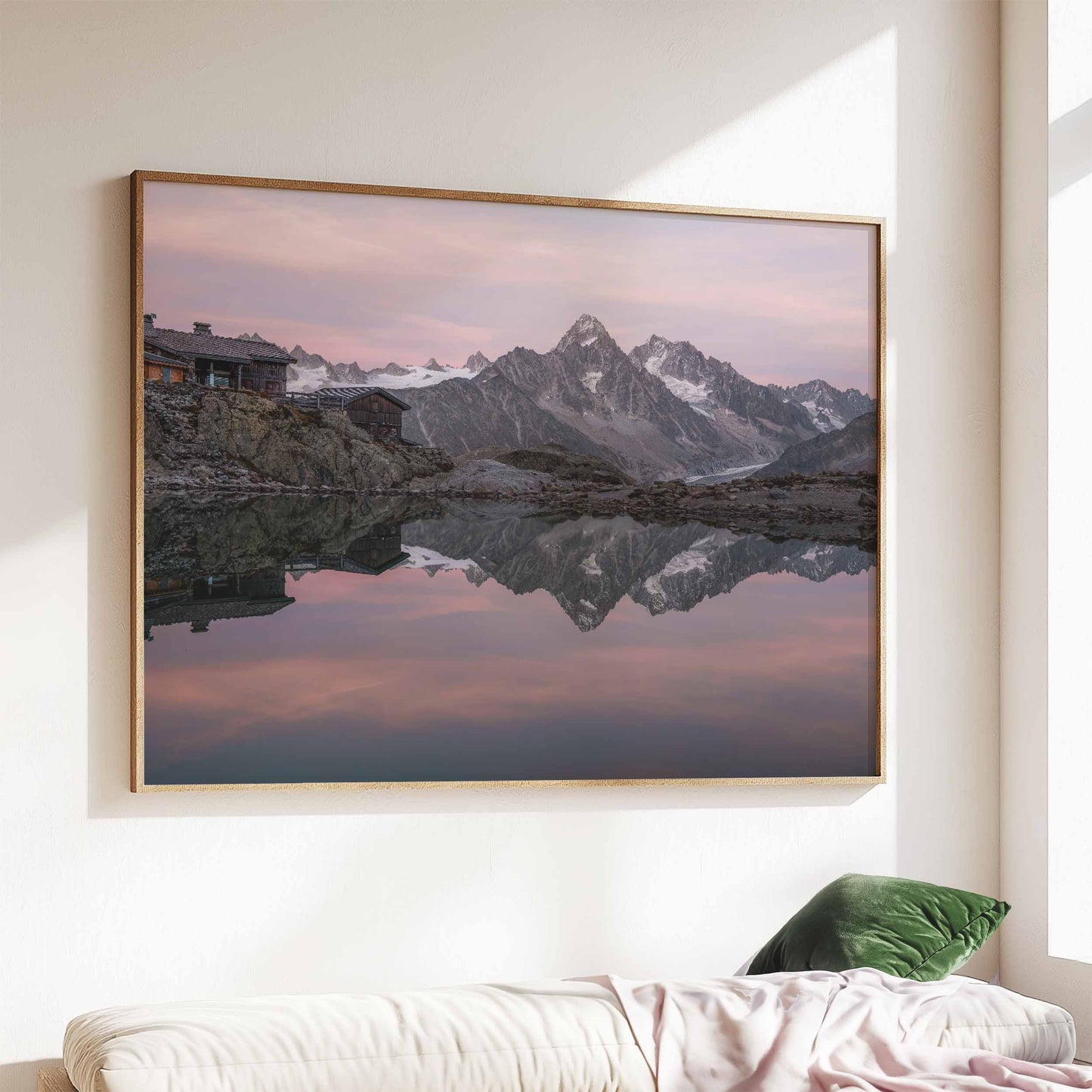 Refuge du Lac Blanc print with tranquil alpine reflection