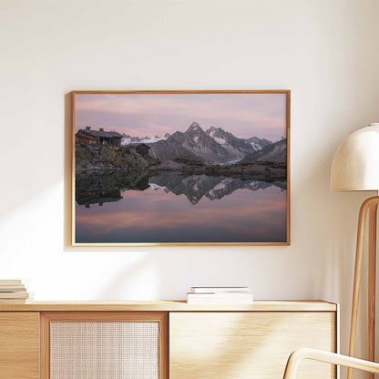 Framed Lac Blanc refuge wall art showcasing a serene mountain view