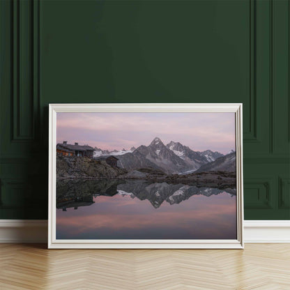 Refuge du Lac Blanc print displayed against a dark green wall