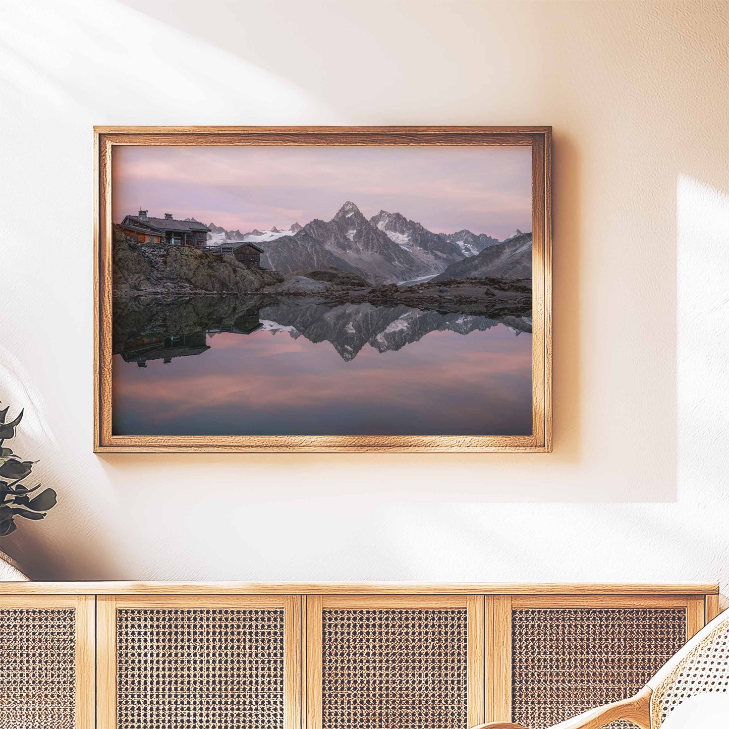 Framed art of Lac Blanc refuge and mountain reflections at sunset