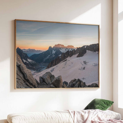 Mer de Glace glacier sunset print on display in a modern living room