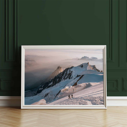 Modern framed artwork of climbers on Mont Blanc against a dramatic alpine backdrop.