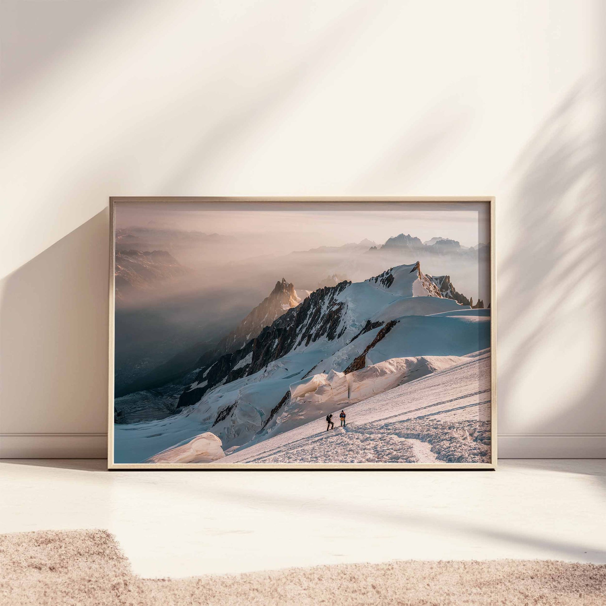 Chamonix mountaineering print showcasing climbers on a snowy Mont Blanc slope.