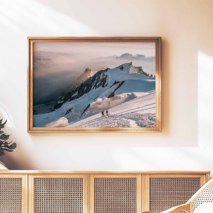 Minimalist framed print of mountaineers climbing Mont Blanc in stunning light.