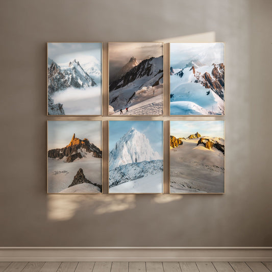 Gallery wall showcasing six stunning Chamonix mountain photography prints arranged in a cozy living room.
