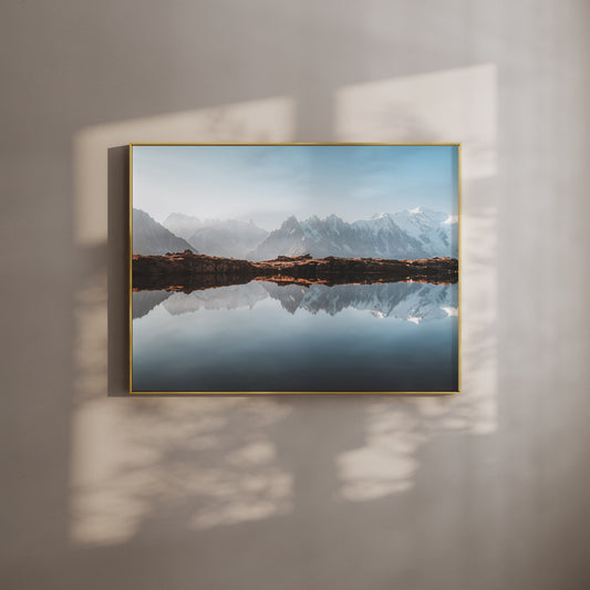 Framed art print of Lacs des Chéserys with a perfect mirror reflection of the Mont Blanc massif.