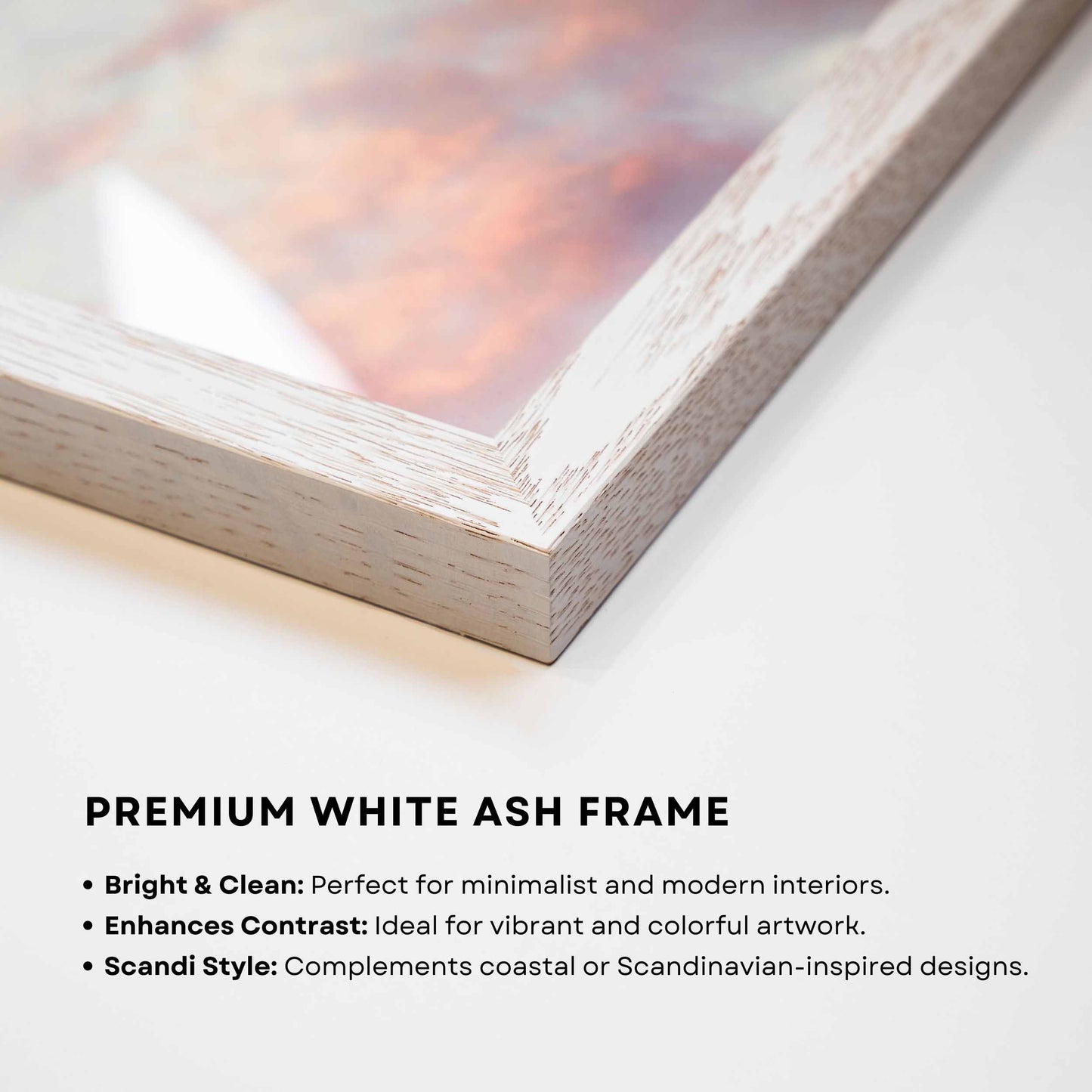 Close-up of a premium white ash frame with a sleek and clean finish, ideal for minimalist or Scandinavian-inspired interiors. Perfect for enhancing vibrant artwork and coastal designs.