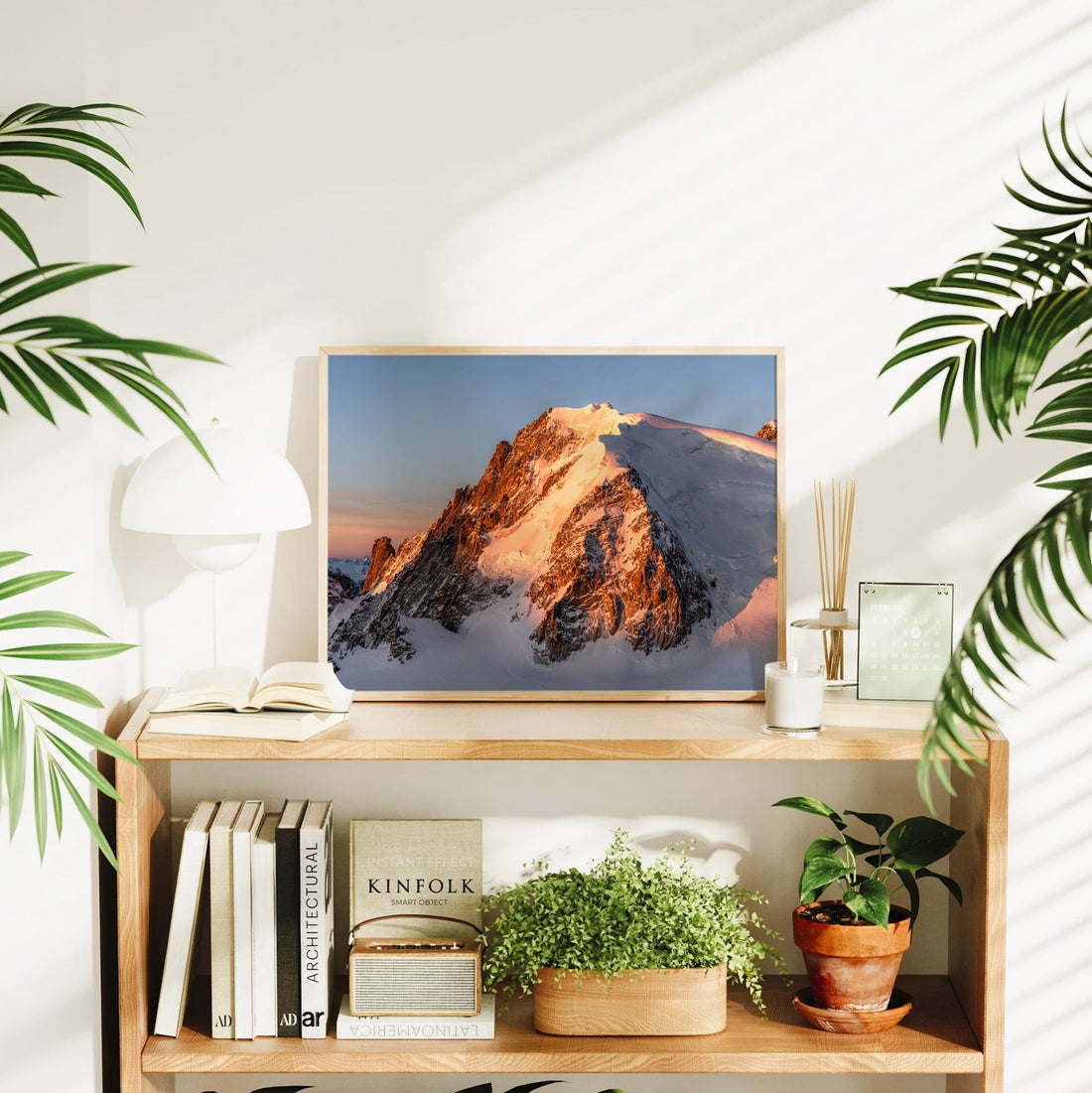 Framed Mont Blanc du Tacul photograph on a wooden shelf beside potted plants and books