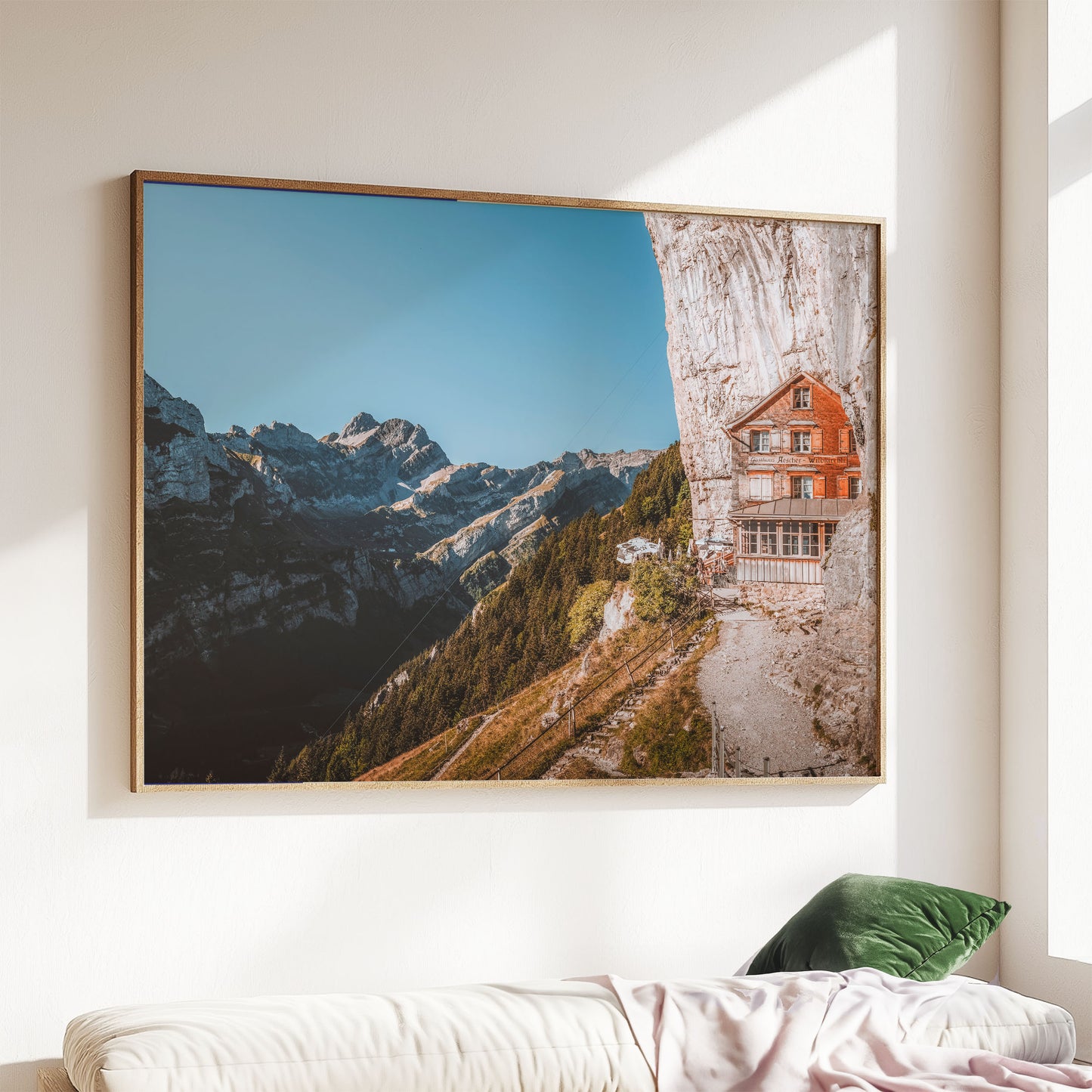 Cliffside Aescher Guesthouse with breathtaking views of the Appenzell mountains, Swiss nature wall art print.