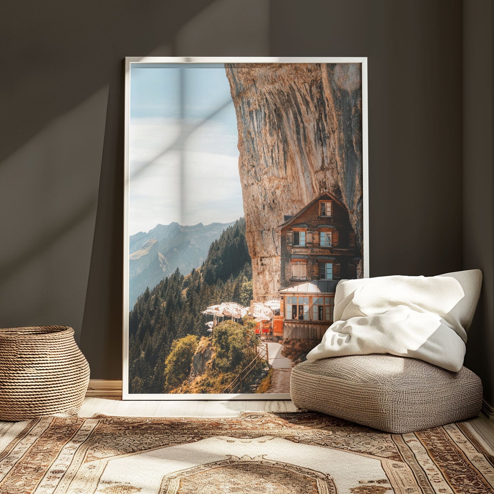 Neutral-framed artwork of the Aescher Guesthouse with its dramatic cliffside location and alpine views.