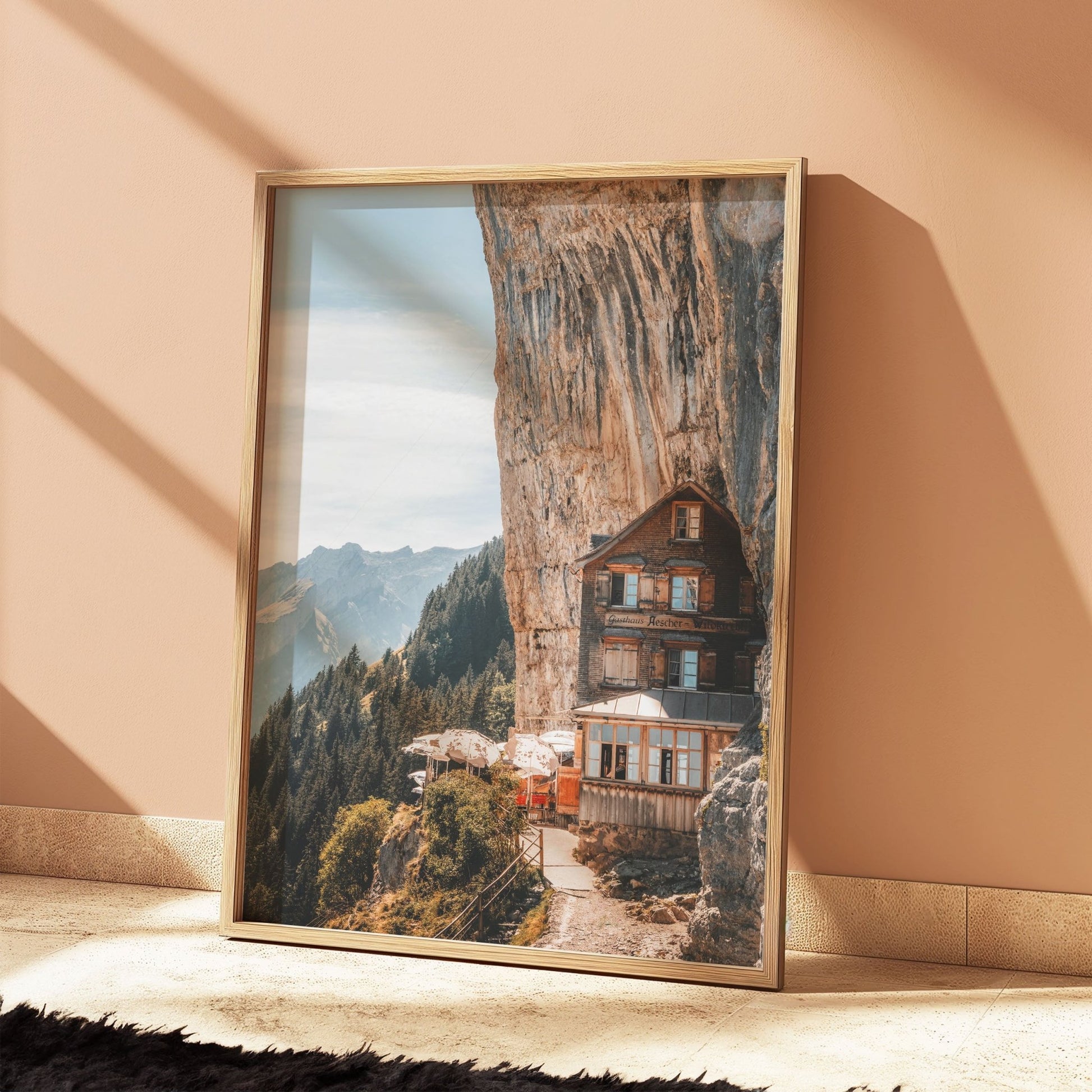 Rustic oak-framed art of the iconic Aescher Guesthouse, capturing its cliffside charm and natural Swiss beauty.