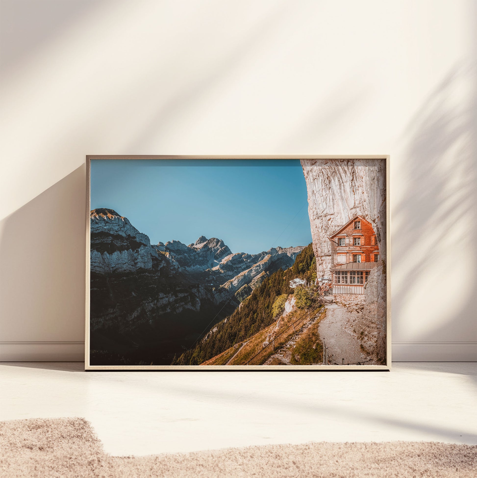 Sunlit Aescher Guesthouse in Appenzell, surrounded by Alpine mountains and pristine natural beauty, wall art print