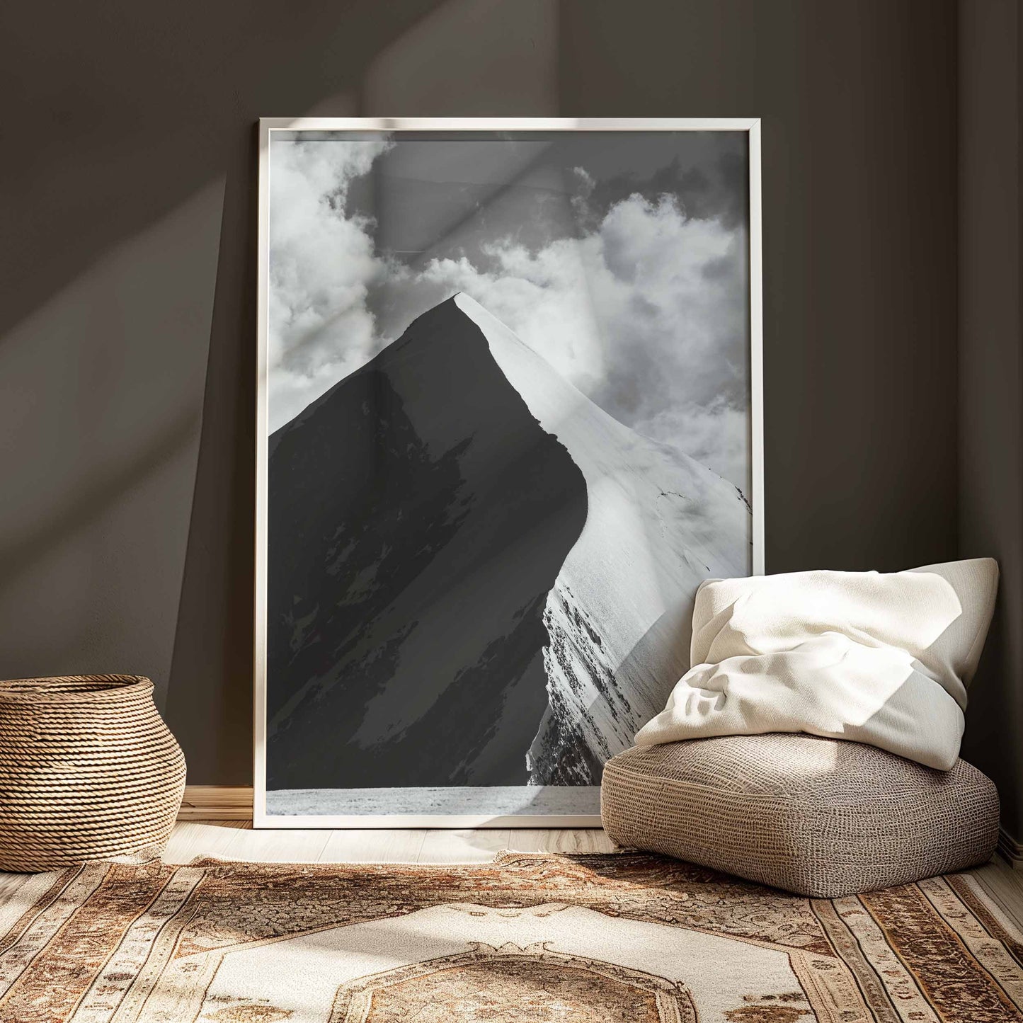 Minimalist black-and-white artwork of the Aiguille de Bionnassay ridge with soft light and sharp contrasts.