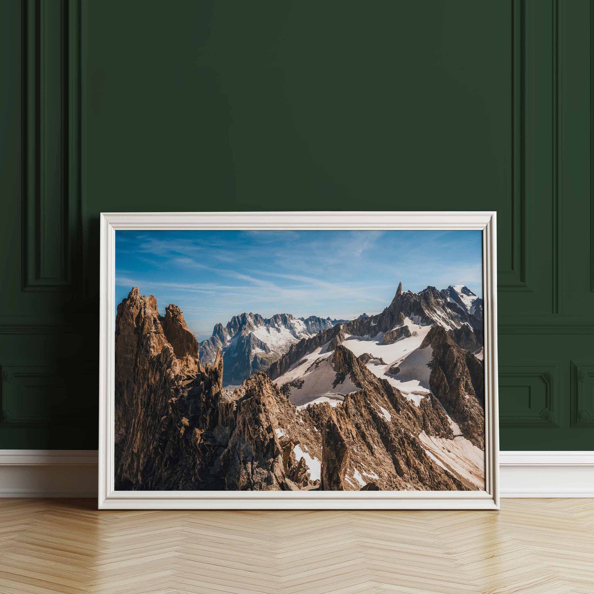 Horizontal wall art of Aiguille d'Entrèves captured in golden sunlight, placed against a dark green backdrop