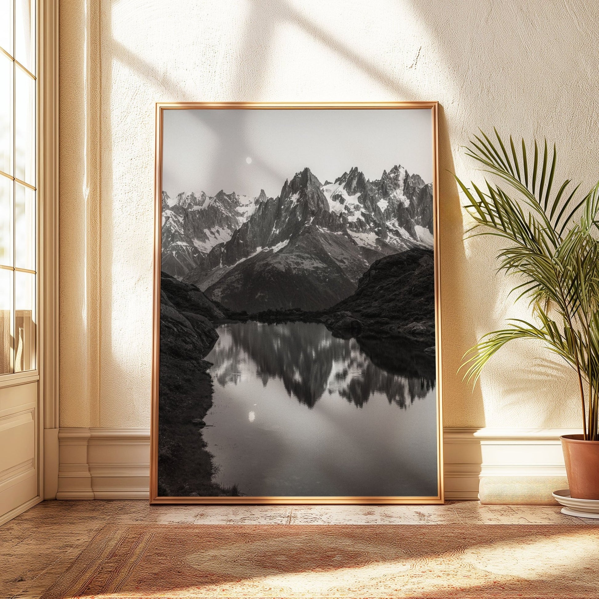 Stunning black and white artwork of Aiguille du Chamonix with reflections